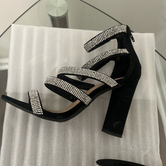 Bamboo Black Rhinestone Ankle Strap Heels Sz 10 READ Damage - Picture 9 of 10